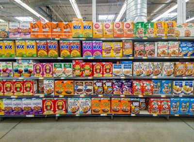 cereal aisle in grocery store