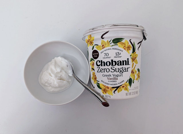 chobani yogurt in container and bowl.