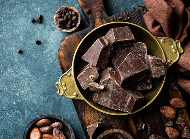 Dark chocolate pieces in bowl eaten by the world's longest living people