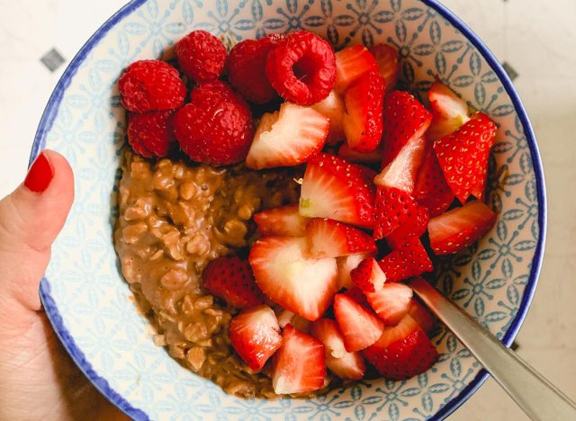 chocolate oatmeal with red berries