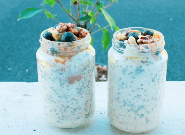 overnight oats with chia seeds, blueberries, and walnuts