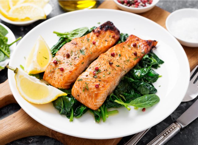 salmon on top of spinach