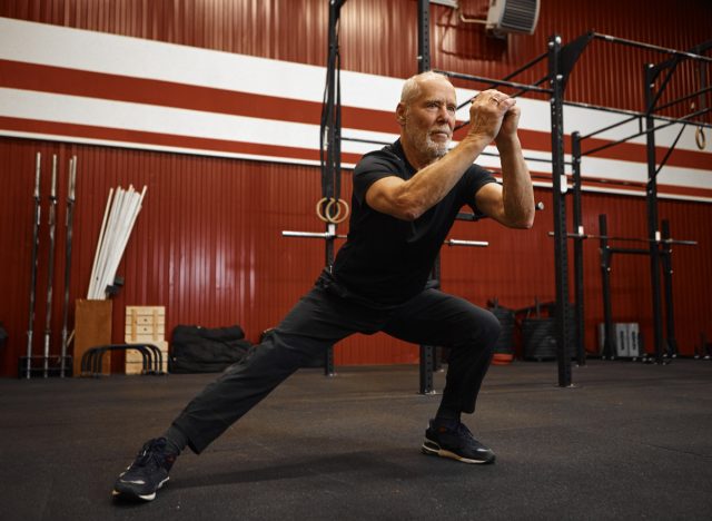 senior man doing side lunge to tone sagging leg skin