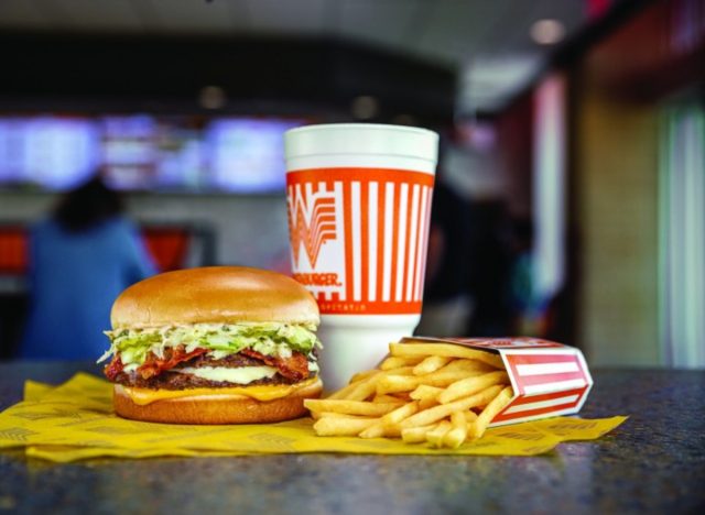 whataburger southern bacon double, fries, and drink