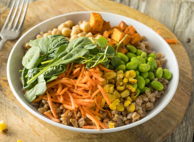 buddha bowl with farro, veggies, and chickpeas