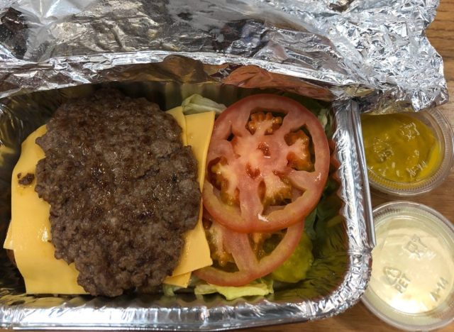 five guys bunless cheeseburger in a bowl