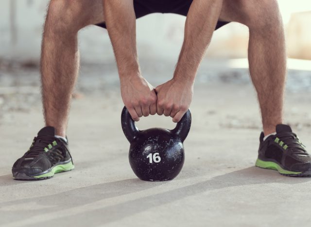 closeup kettlebell deadlift, part of body-shaping workout