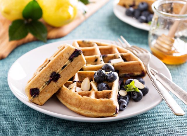 lemon blueberry waffles with almonds and honey
