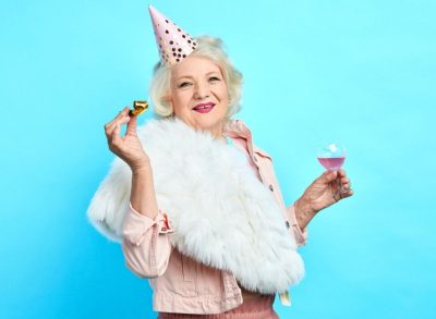 old lady with wine glass