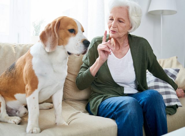 older woman has convo with her dog, baby talk