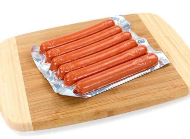 hot dogs on cutting board, processed meat