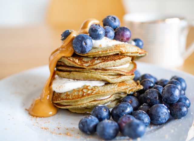 protein pancakes with blueberries and nut butter