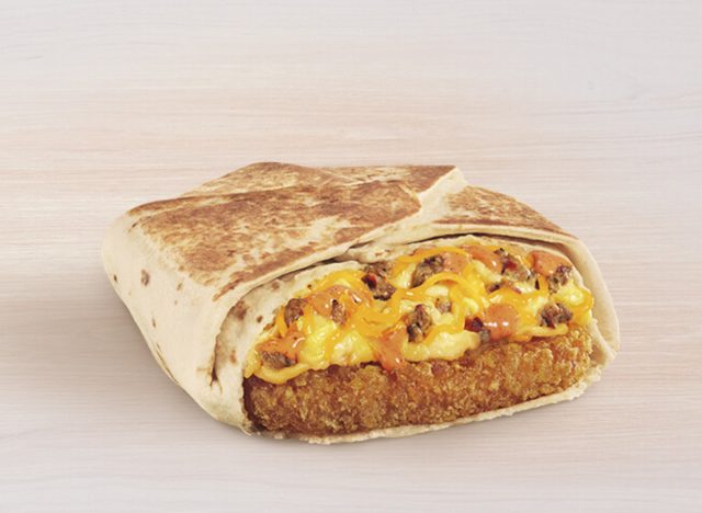 Breakfast taco bell crunchwrap with sausage