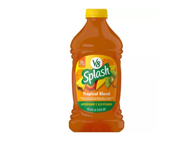 bottle of v8 tropical blend on a white background