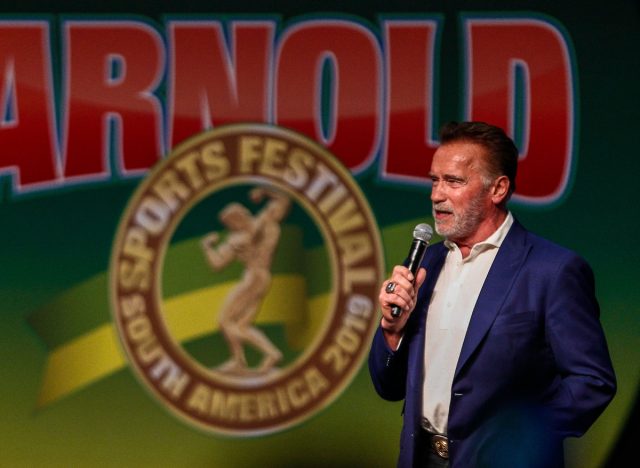 Schwarzenegger speaking on stage
