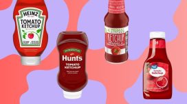 four popular store-bought ketchup bottles on a purple and red designed background