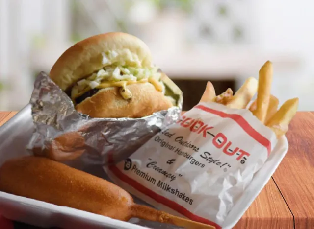 cook out burger, fries, and corn dog