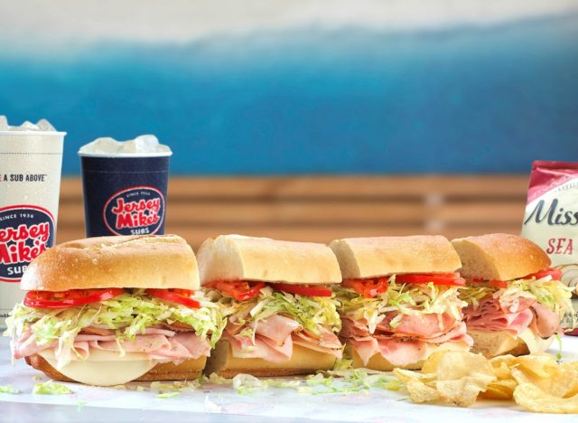 jersey mike's sub, drinks, and chips