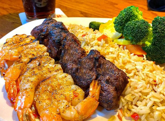outback filet, shrimp, rice and broccoli