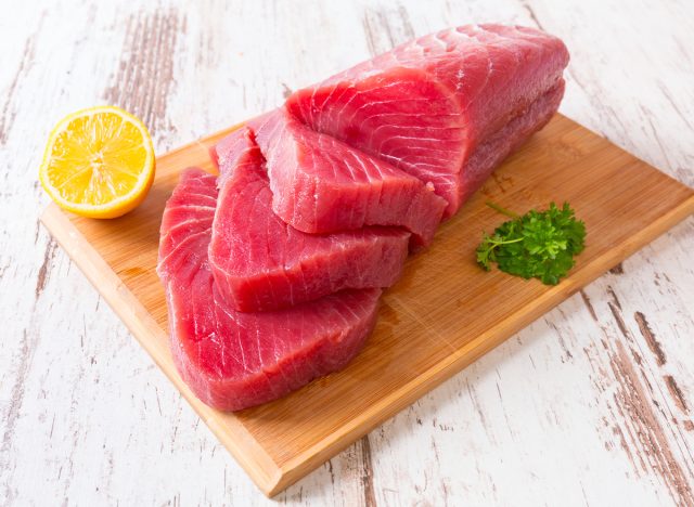 raw tuna on cutting board