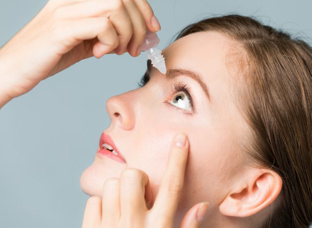 woman doing eye drops, seasonal allergies relief