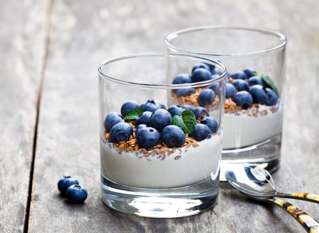 yogurt, blueberries and flax seeds