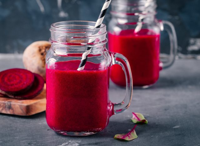 beet chia seed smoothie in mason jar