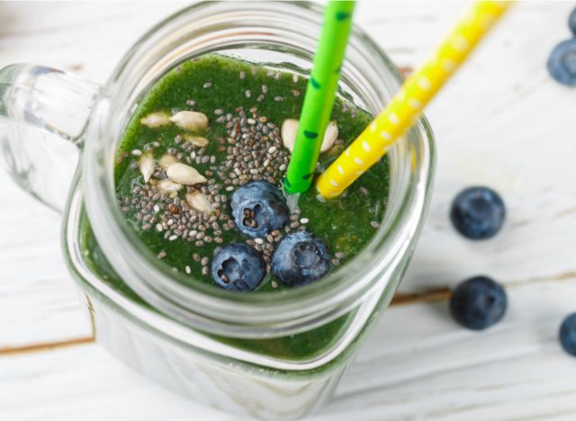 blueberry spinach smoothie with chia seeds and sunflower seeds