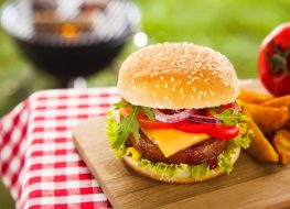 cheeseburger on picnic table