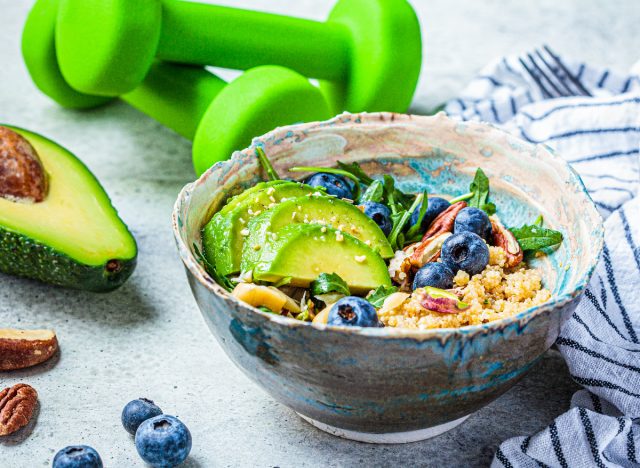 quinoa avocado protein salad, representing best time to eat after a workout