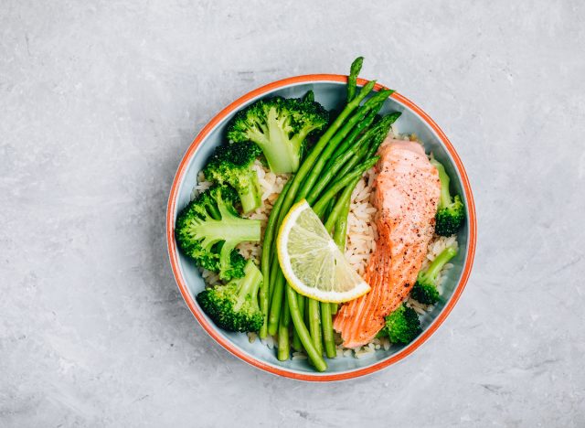 salmon, rice, asparagus, and broccoli