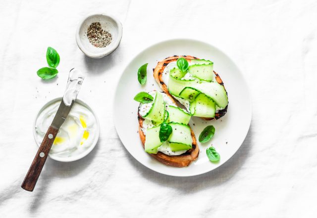 Labne and pickled cucumbers toast