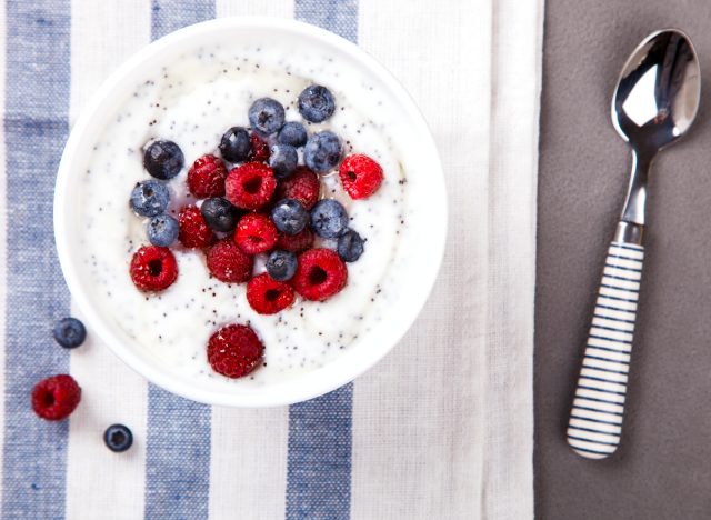 yogurt with chia seeds, raspberries, and blueberries
