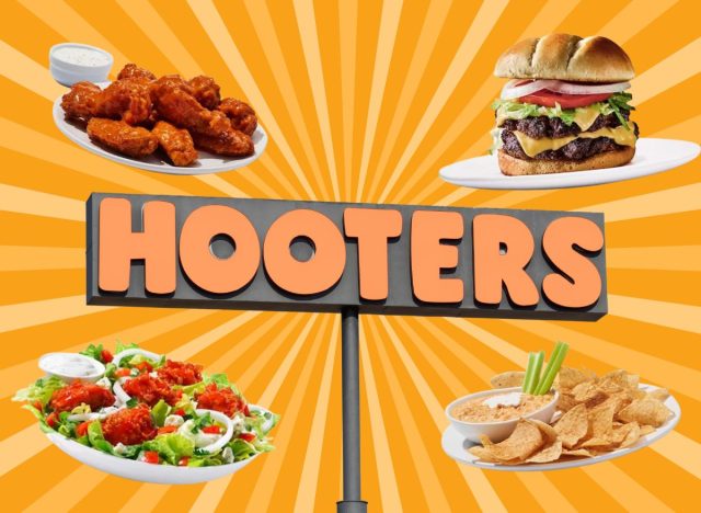 hooters sign and dishes on an orange background