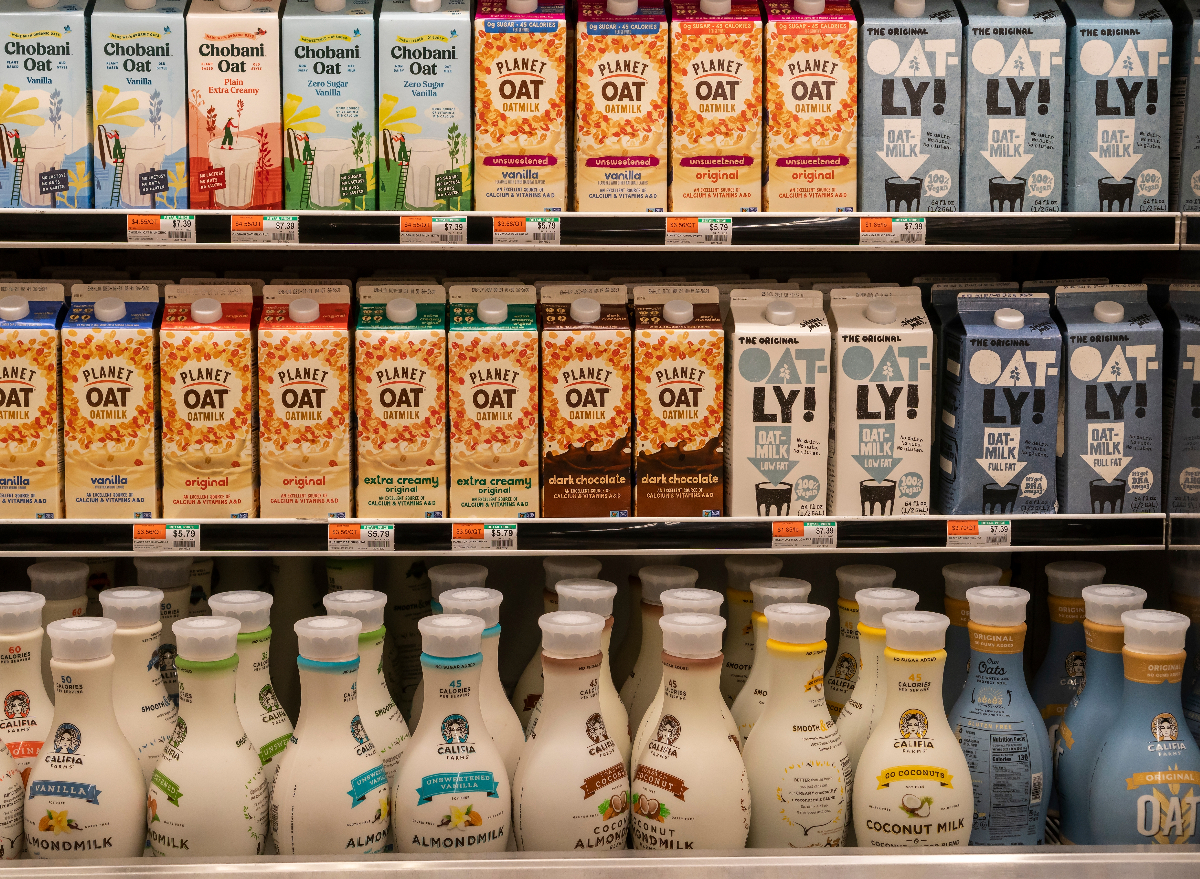 almond and oat milk selection at grocery store
