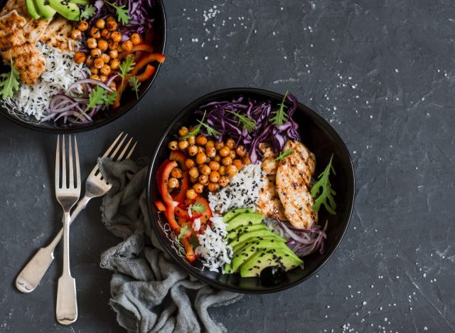 healthy chicken bowl depicting healthy eating and exercise habits