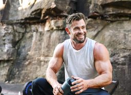 Chris Hemsworth happy, protein drink after workout