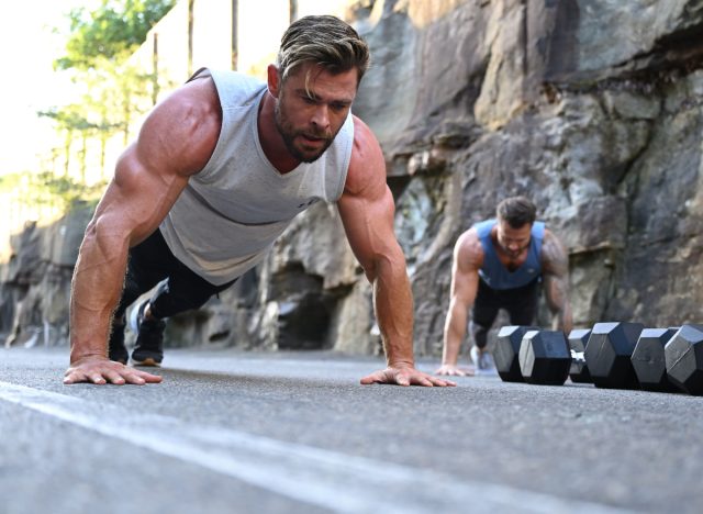 Chris Hemsworth doing pushups, demonstrating how to get fit like a superhero