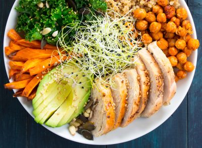 high protein lunch bowl chicken kale chickpeas quinoa avocado