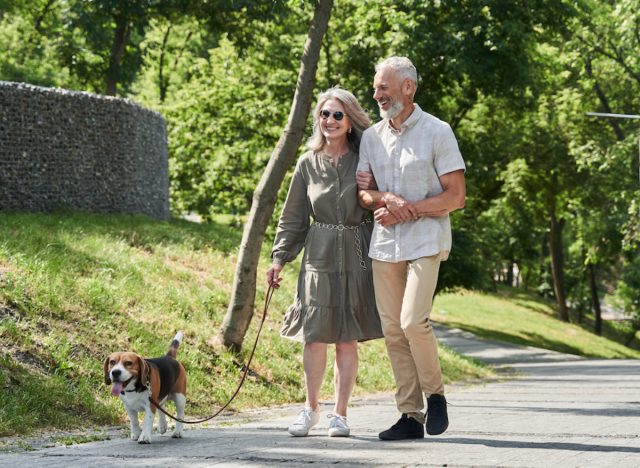 mature active couple taking dog for walk