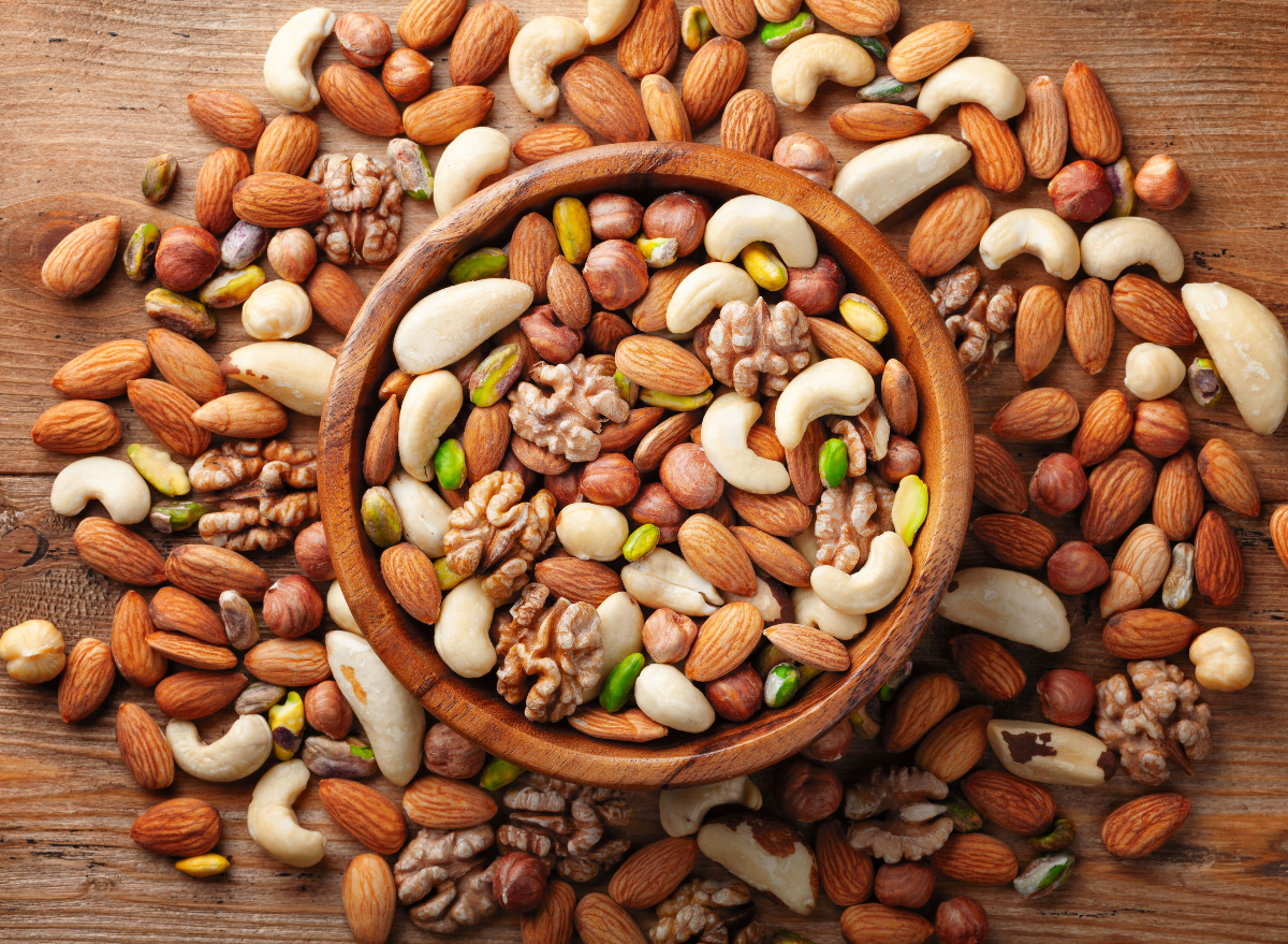 mixed nuts in a wooden bowl