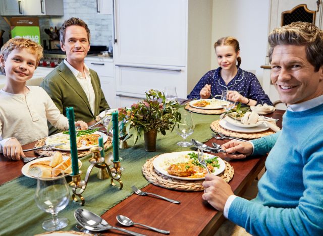 neil patrick harris, david, burtka, harper, and gideon having a meal together