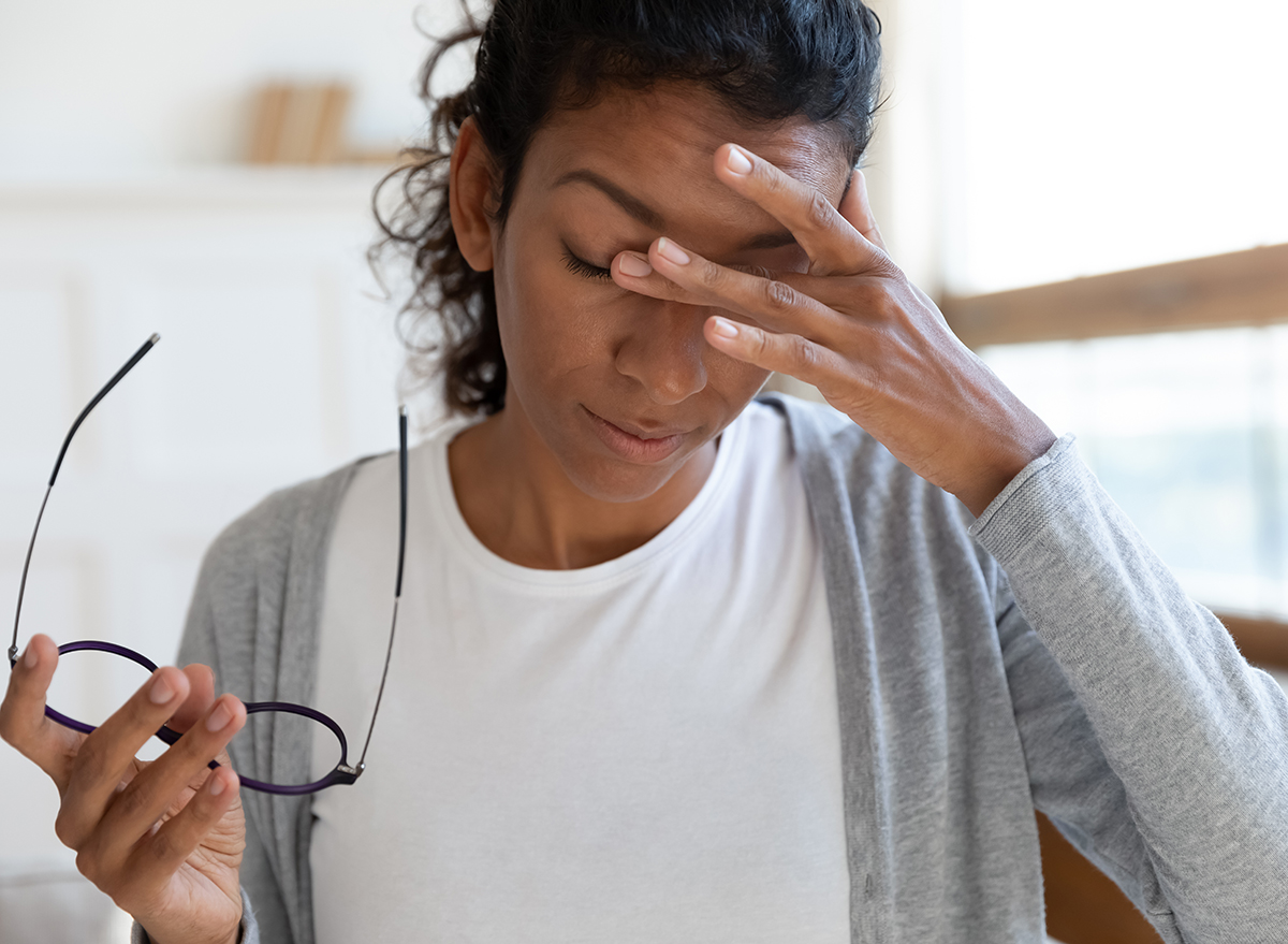 Exhausted,Young,Biracial,Woman,Take,Off,Glasses,Massage,Eyes,Suffer, Tired