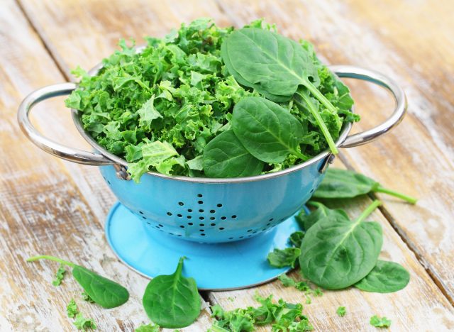 spinach and kale in a colander