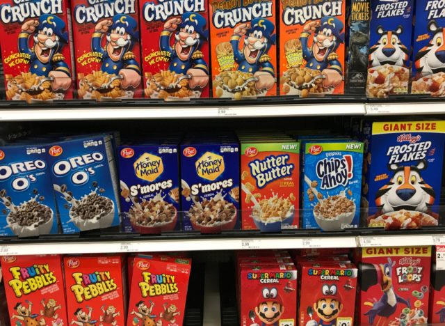 sugary cereal on grocery store shelf