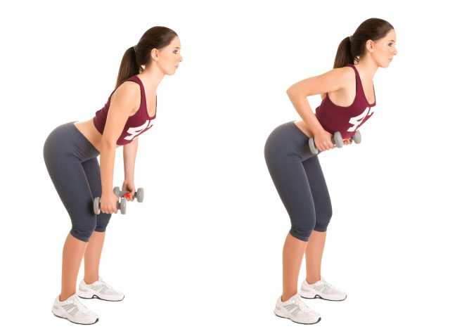 woman demonstrating bent-over row with dumbbells