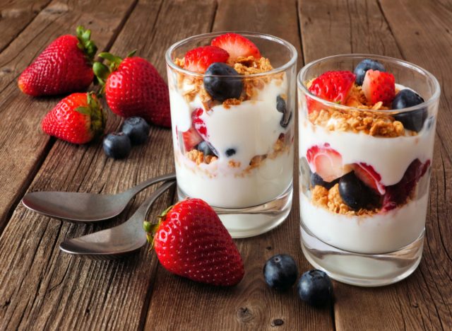 yogurt parfait with blueberries, strawberries, and granola