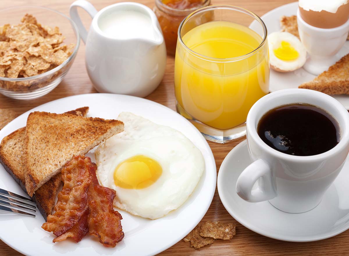 Array of breakfast food and drink