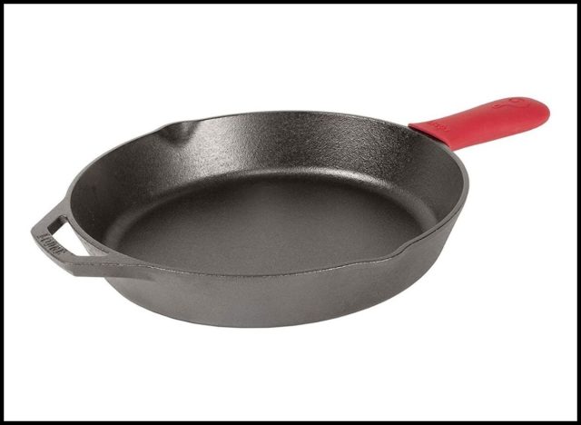 Lodge Cast Iron Skillet with Red Silicone Hot Handle Holder