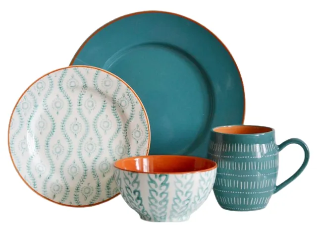 baum bros 16-piece stoneware tangiers turquoise dinnerware set